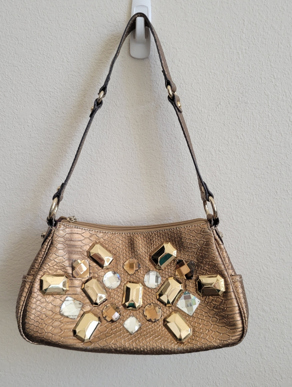 Kathy Van Zeeland Metallic Bronze Snake Print Hobo Shoulder Bag Studded Jewels.